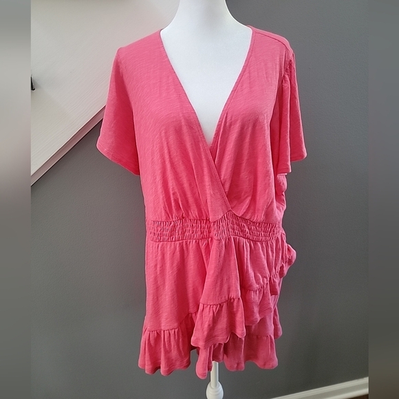 Torrid Cotton Modal Surplice Faux Wrap Top Pink Ruffle Stretch Size 2X - Picture 2 of 6